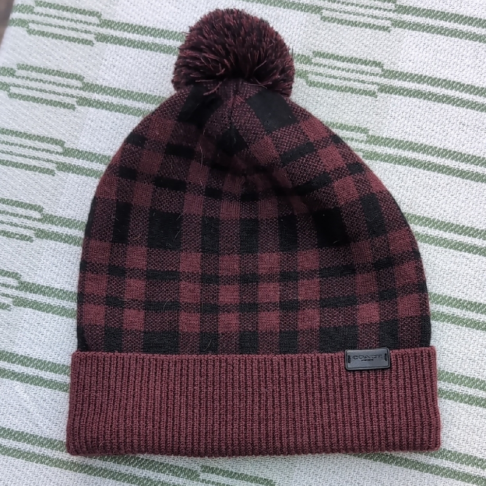 Coach Burgundy and Black Checkered Beanie